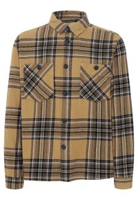 Brown and black plaid button-up shirt with two chest pockets, long sleeves, and a collared neckline. Soft fabric texture with defined patterns.