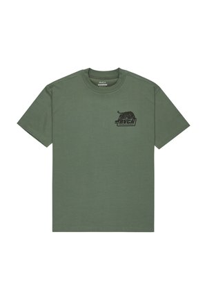 Olijfgroene katoenen T-shirt met korte mouwen, ronde hals en een zwart grafisch logo met een panter op de linkerborst.