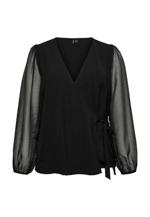 Melnas wrap blūze ar caurspīdīgām garām pušķotām piedurknēm un sānu lentes aizdari, kas raksturojas ar V veida izgriezumu un nedaudz teksturētu audumu.