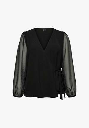 Juoda sujungimo palaidinė su permatomomis ilgomis pūstomis rankovėmis ir šonine surišimo uždarymu, su V formos iškirpte ir šiek tiek tekstūruota medžiaga.