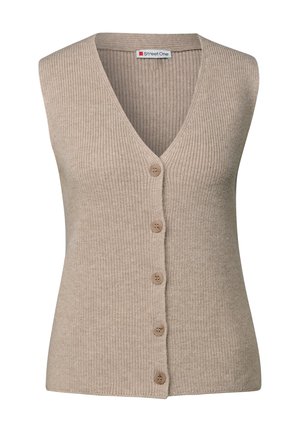 Beige knitted vest top with a V-neck, featuring a button front closure and ribbed texture. No sleeves, designed for layering.