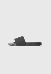 Black slide sandal with a textured strap and smooth footbed. Features a subtle logo on the strap. Made from durable synthetic material.
