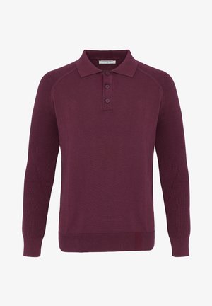 Langærmet bordeaux polo-trøje med tre knapper og ribstrikkede ærmegab, kant og krave, vist på en hvid baggrund.