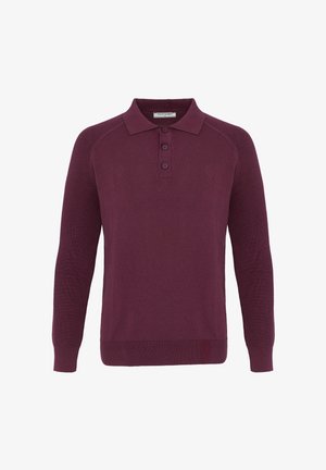 Langærmet bordeaux polo-trøje med tre knapper og ribstrikkede ærmegab, kant og krave, vist på en hvid baggrund.