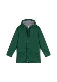 Veste imperméable verte avec capuche, boutons à l'avant, deux grandes poches avant et une doublure intérieure rayée. Texture lisse.