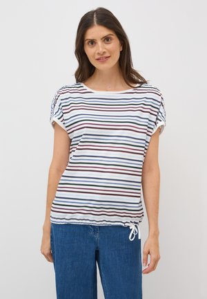 Striped short-sleeve top in white, featuring horizontal navy, burgundy, and green stripes, with a drawstring hem for adjustable fit.