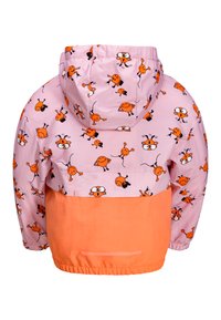 Giacca a vento rosa con personaggi cartoni animati arancioni, con un pannello frontale arancione e polsini elasticizzati, leggera, design allegro.