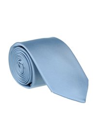Light blue silk tie, rolled up with a smooth texture, featuring a classic narrow shape and no patterns or accents.