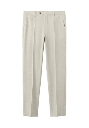Hellbeige formelle Hose mit seitlichen Taschen und Knopfverschluss, aus einem dezent strukturierten Stoff mit geradem Bein.