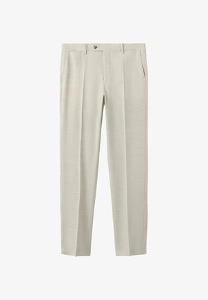 Pantalones formales beige claro con bolsillos laterales y cierre de botón, con una tela sutilmente texturizada y diseño de pierna recta.