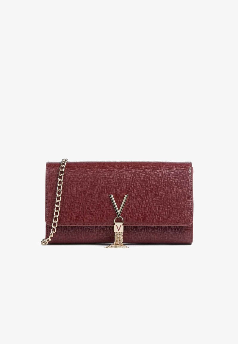 Burgundy leather clutch with a textured finish, featuring a metallic V hardware accent and a chain strap for carrying.