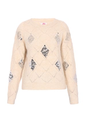 Cremefarbener Strickpullover mit langen Ärmeln, Rautenmuster und silbernen Paillettenakzenten vorne und an den Ärmeln.