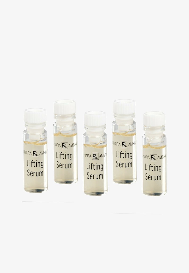 Five clear glass vials with white screw caps, each labeled "Lifting Serum," containing a light yellow liquid.
