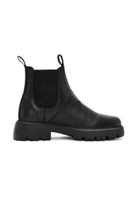 Stivale Chelsea in pelle nera con suola in gomma spessa, pannelli laterali elastici e due linguette sul retro, mostrato in profilo destro su sfondo bianco.
