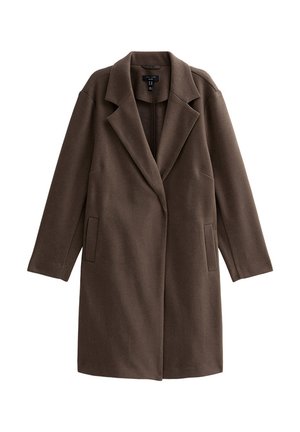 Brown overcoat with a notched lapel, long sleeves, two side pockets, and a smooth texture. Open front design without fastenings.