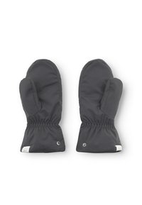 Muffole nere isolate con polsini elasticizzati e automatici, dotate di un esterno liscio e una parte superiore arrotondata per calore e copertura.