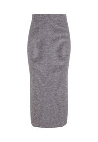 Grauer gerippter Strick-Bleistiftrock mit hoher Taille und vertikaler Dehnbarkeit, entworfen für eine figurbetonte Silhouette und eine glatte Textur.