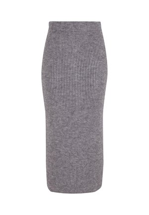 Grauer gerippter Strick-Bleistiftrock mit hoher Taille und vertikaler Dehnbarkeit, entworfen für eine figurbetonte Silhouette und eine glatte Textur.