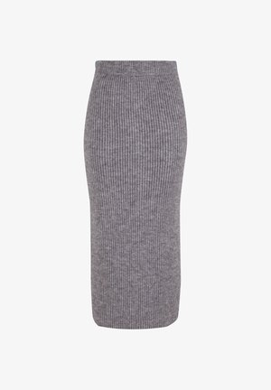 Grauer gerippter Strick-Bleistiftrock mit hoher Taille und vertikaler Dehnbarkeit, entworfen für eine figurbetonte Silhouette und eine glatte Textur.