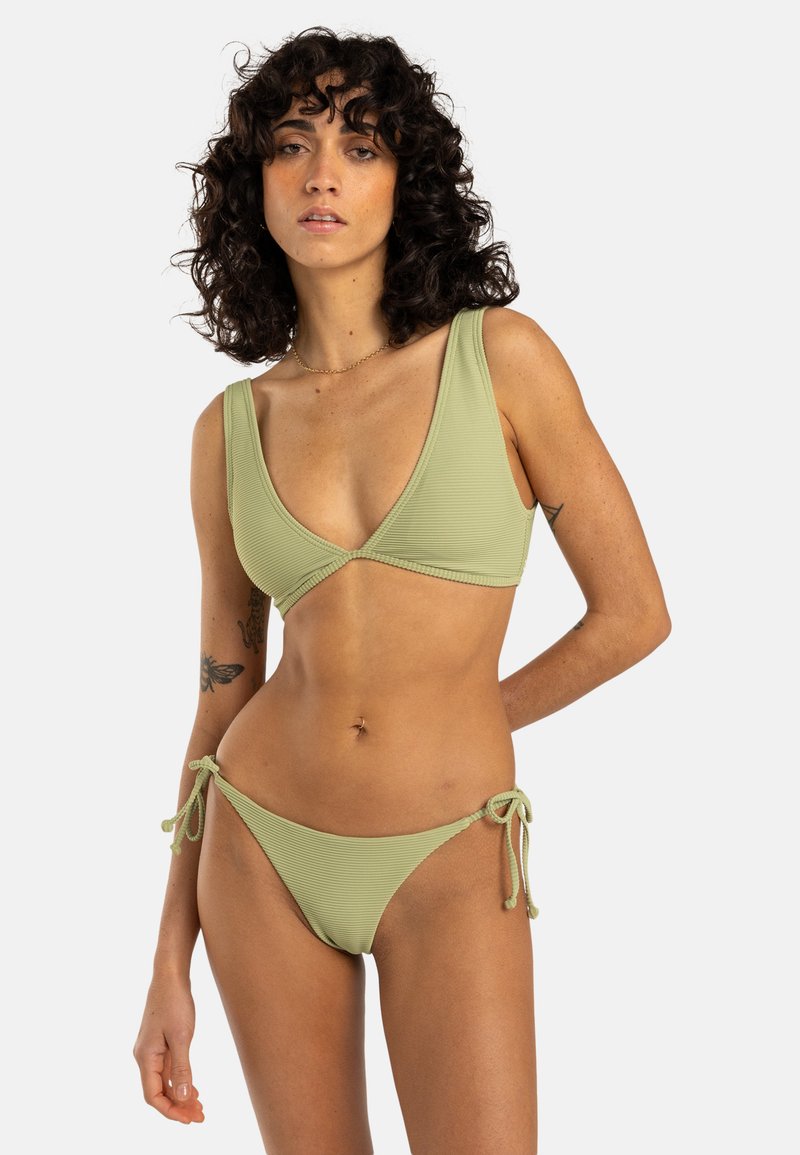 Green ribbed bikini set featuring a triangular top with wide straps and adjustable side-tie bottoms, showcasing a smooth texture.