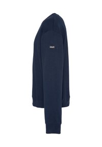Marineblauwe sweatshirt met ronde hals, lange mouwen, ribgebreide manchetten en zoom, en een klein logopatch op de bovenarm. Vriendelijke textuur.