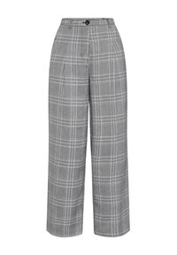 Gråternet bukser med bred bendesign, der har høj talje, folder og en enkelt knaplukning. Fremstillet af et tekstureret stof.