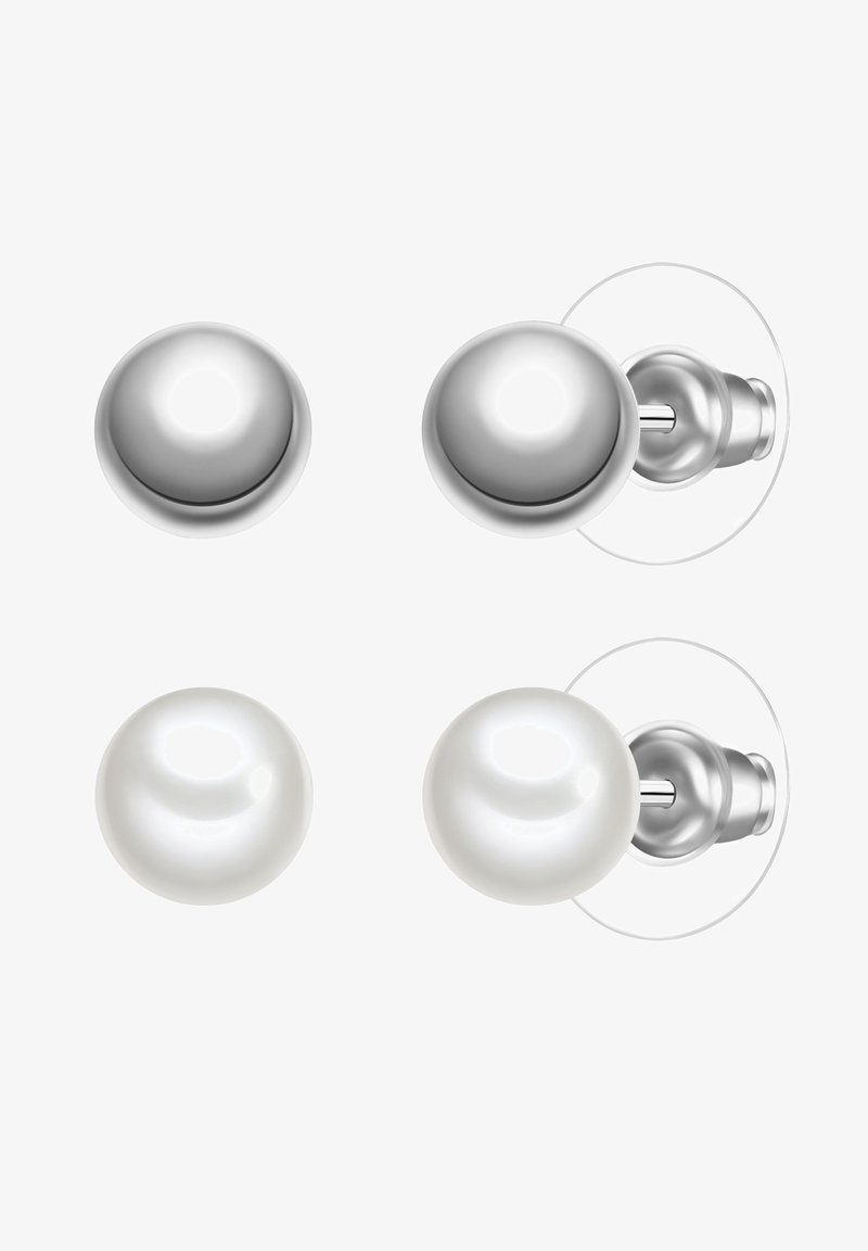 Dva para okruglih naušnica: jednog srebrnog metala i jedne bijele biserne. Svaka naušnica ima glatku, sjajnu površinu i sigurnu kopču.