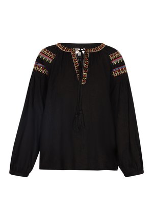 Black blouse with long sleeves, featuring colorful embroidery on the shoulders and a tied neckline with tassels. Soft texture.