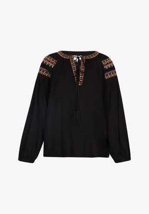 Schwarze Bluse mit langen Ärmeln, mit buntem Stickerei an den Schultern und einem gebundenen Halsausschnitt mit Quasten. Weicher Stoff.