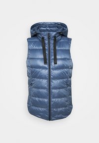Padded, bezrękawnik w ciemnoniebieskim kolorze z kapturem, z przodu na zamek błyskawiczny i czarnymi sznurkami; posiada pionowe pikowane sekcje oraz boczne kieszenie.