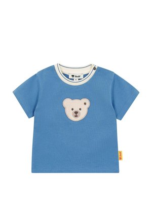 Blauw katoenen T-shirt met korte mouwen, ronde hals en gebroken-witte bies. Heeft een genaaid berengezicht in het midden. Label aan de zijkant.