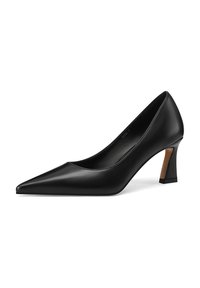 Pumps nere in pelle con tacco alto e punta affusolata, caratterizzate da un design elegante e un tacco a blocco con un accento marrone. Tessuto liscio.
