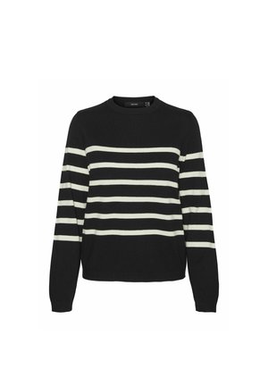 Juodas megztinis su ilgomis rankovėmis, apvaliu kaklu ir horizontaliais grietinėlės spalvos dryžiais. Lygus paviršius, laisvas kirpimas, ir briaunotas apačia bei rankovės.