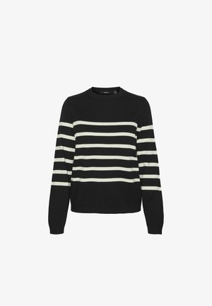 Svart genser med lange armer, rund hals og horisontale kremfargede striper. Glatt tekstur, avslappet passform og ribbestrikket nederkant og mansjetter.