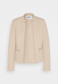 Blazer beige à manches longues, design épuré, tissu texturé, deux poches zippées à l'avant, non doublé avec un col rond.