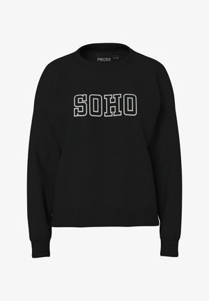 Musta pehmeästä kankaasta valmistettu collegepaita, jossa on pyöreä pääntie, pitkät hihat ja valkoinen "SOHO"-teksti rinnassa.