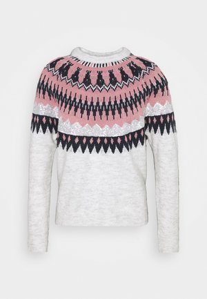 Maglione lavorato a maglia con scollo rotondo. Presenta motivi a contrasto in rosa, blu navy e bianco. Realizzato in tessuto morbido e strutturato. Maniche lunghe.