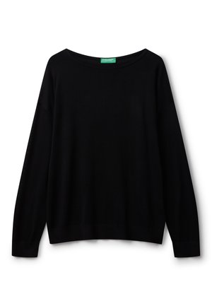 Suéter negro de manga larga con un escote amplio, ajuste holgado y puños acanalados. Hecho de material suave, con un diseño simple sin patrones.