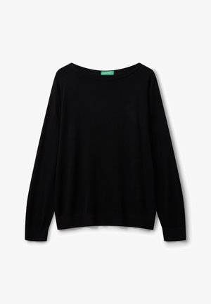 Suéter negro de manga larga con un escote amplio, ajuste holgado y puños acanalados. Hecho de material suave, con un diseño simple sin patrones.