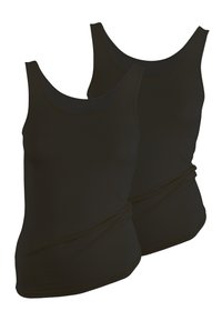 Black tank tops with wide straps, round necklines, and a body-hugging fit. The fabric appears smooth with a subtle stretch. Two-pack set.