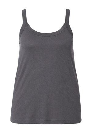 Top grigio senza maniche con scollatura a barca, realizzato in un morbido tessuto misto cotone. Orlo dritto e dettagli di cucitura minimi.