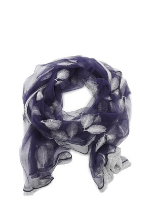 Foulard trasparente navy con ricamo in foglia metallica argentea, tessuto leggero e bordo testurizzato argentato lungo i lati, design morbido e fluido.
