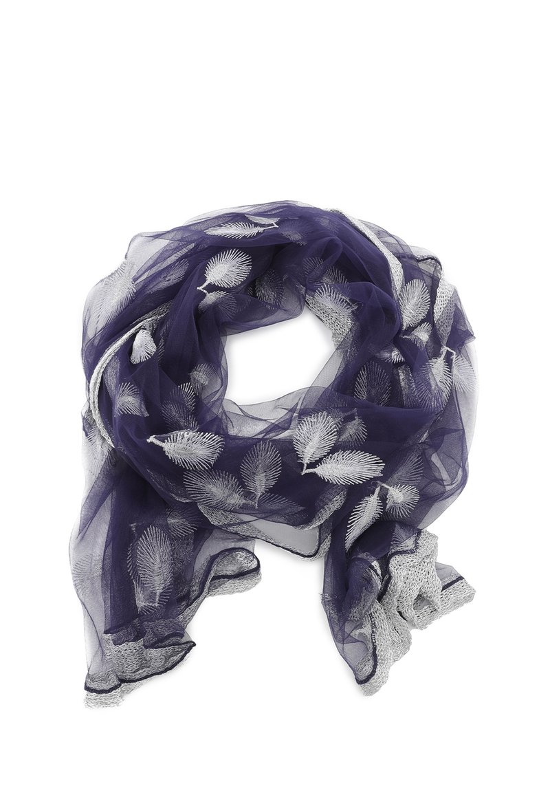 Foulard trasparente navy con ricamo in foglia metallica argentea, tessuto leggero e bordo testurizzato argentato lungo i lati, design morbido e fluido.