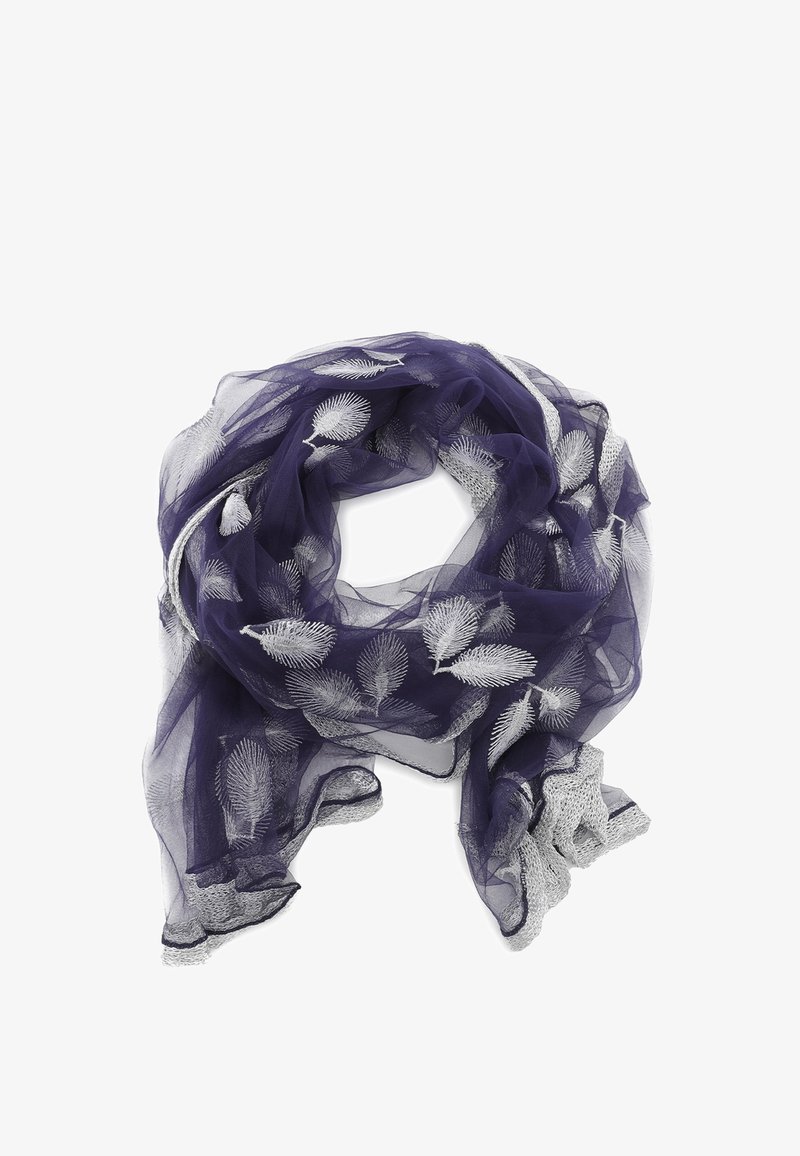 Foulard trasparente navy con ricamo in foglia metallica argentea, tessuto leggero e bordo testurizzato argentato lungo i lati, design morbido e fluido.