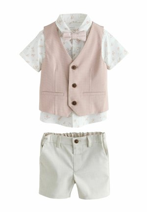 Light pink vest with three buttons and pockets over a white short-sleeve shirt featuring a floral pattern, paired with light gray shorts.