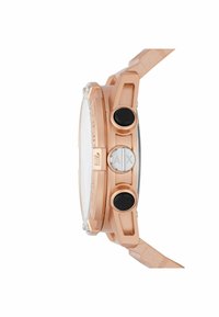 Roségoldenes Analog-Uhr mit rundem Gehäuse, klarem Zifferblatt, schwarzen Knöpfen und strukturiertem Armband. Merkmale sind silberne Akzente und ein graviertes Logo.