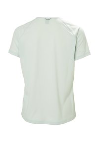 Světle zelené atletické tričko s krátkým rukávem a kulatým výstřihem, vyrobené z texturované tkaniny. Má hladké švy a štítek vzadu na výstřihu.
