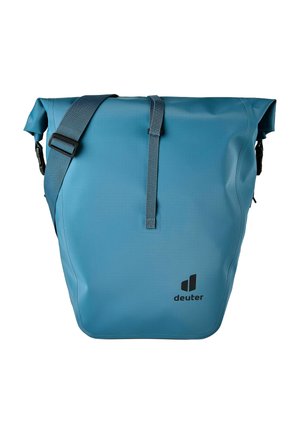 Blaue wasserdichte Rolltop-Schultertasche mit verstellbarem Gurt und schwarzem „deuter“-Logo vorne.