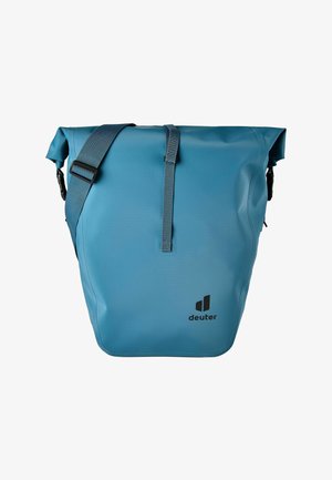 Borsa a tracolla blu impermeabile con chiusura roll-top, tracolla regolabile e logo nero "deuter" sul davanti.