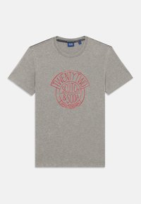 Gray cotton t-shirt with a round neckline, featuring a red circular graphic that reads "TWENTY TWO SCOTCH & SODA AMSTERDAM" on the front.